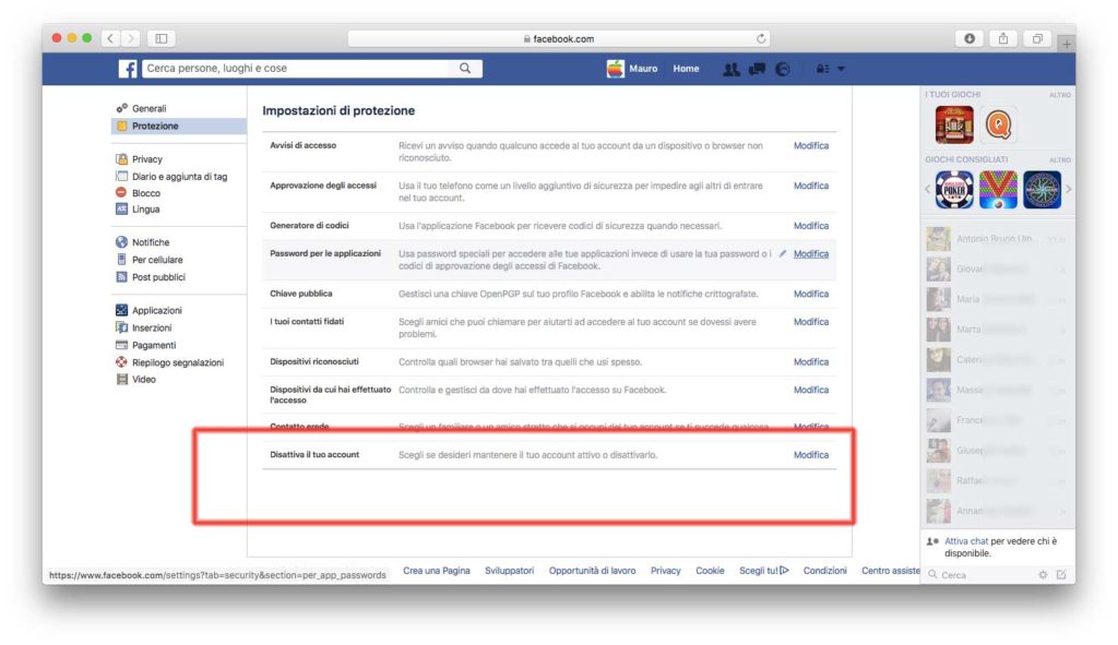 Come disattivare FaceBook