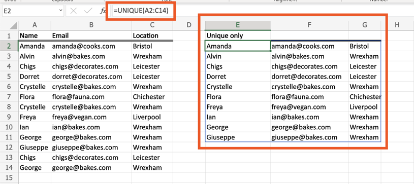 How to find duplicates in excel by using unique
